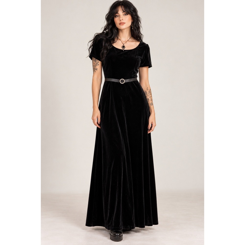 Gothic Dark Romantic 90s Black Velvet Maxi Dress Rhinestone Belt XL 16/18